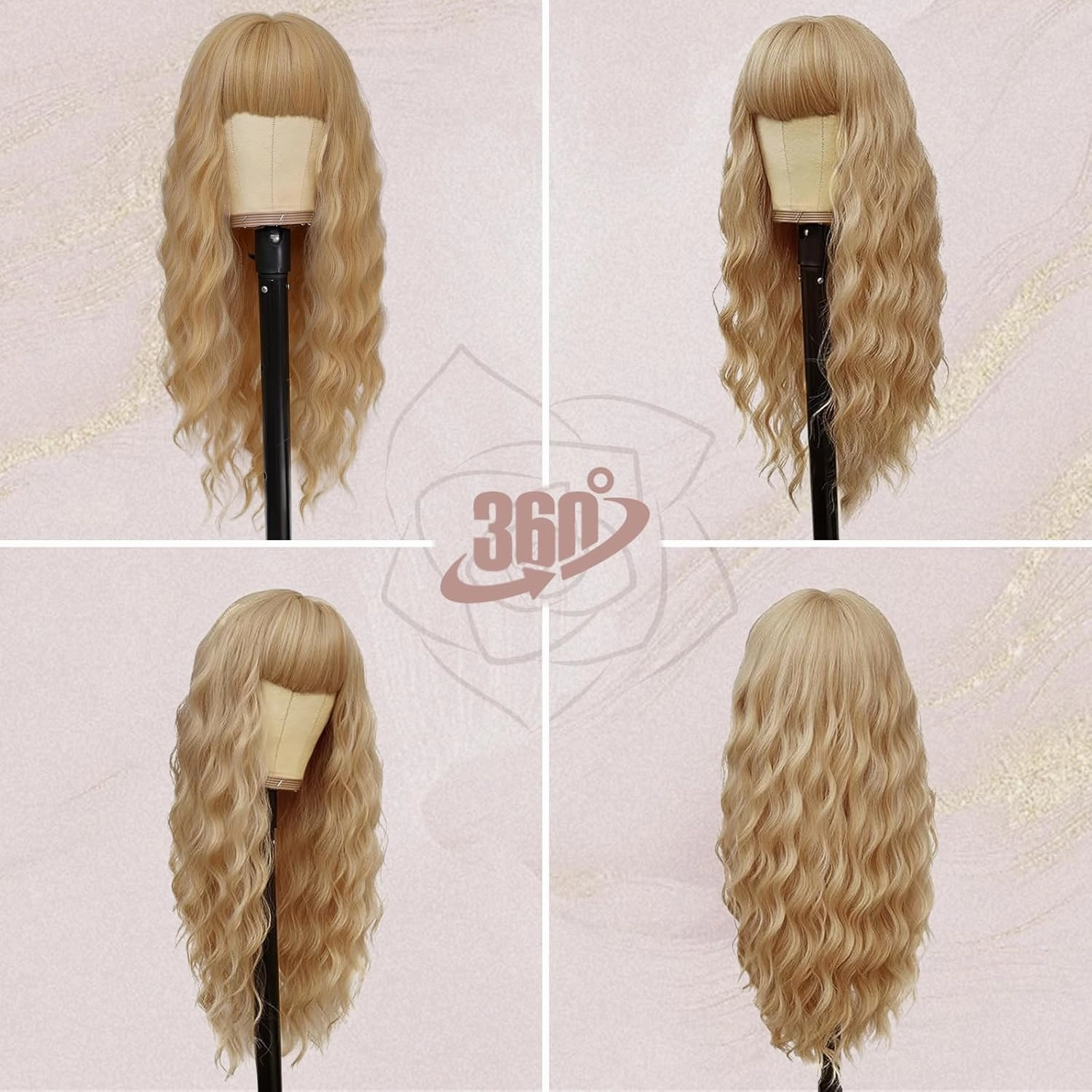 BARSDAR Long Blonde Wig With Bangs - 26 Inch Long Wavy Blonde Wig With Bangs for Women - Natural Looking Soft Synthetic Hair Aurora Wigs Daily Party Halloween Wigs