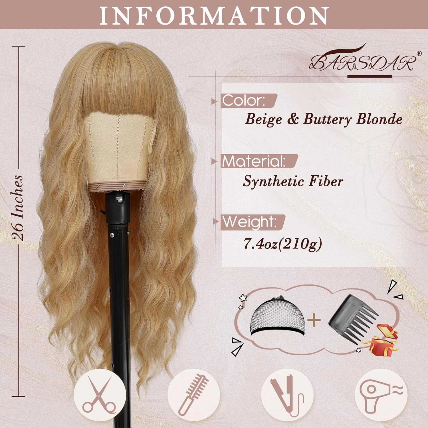 BARSDAR Long Blonde Wig With Bangs - 26 Inch Long Wavy Blonde Wig With Bangs for Women - Natural Looking Soft Synthetic Hair Aurora Wigs Daily Party Halloween Wigs