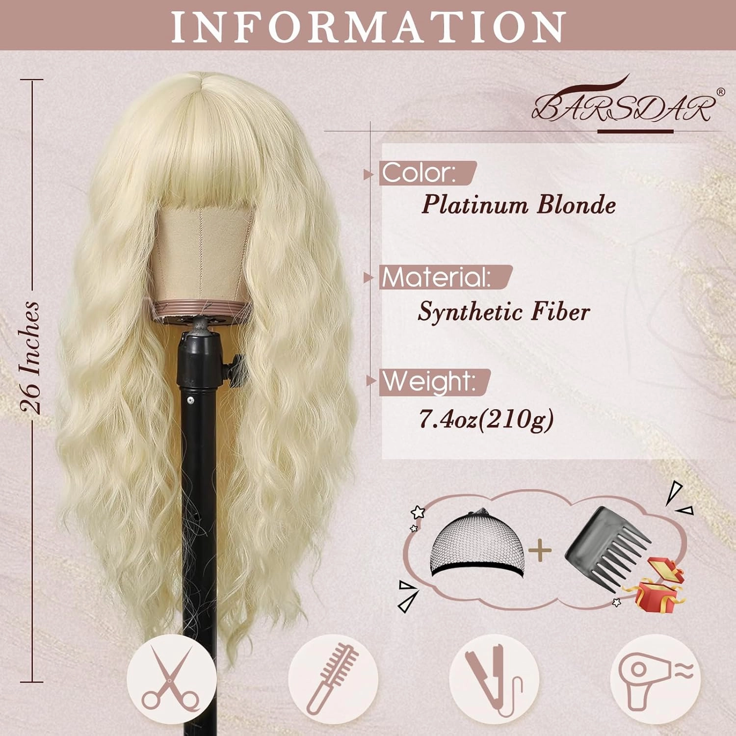 BARSDAR Long Platinum Blonde Wigs With Bangs - 26 Inch Long Wavy Blonde Wig With Bangs for Women - Natural Looking Synthetic Hair Daenerys Wigs Daily Cosplay Halloween
