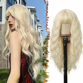 BARSDAR Long Platinum Blonde Wigs With Bangs - 26 Inch Long Wavy Blonde Wig With Bangs for Women - Natural Looking Synthetic Hair Daenerys Wigs Daily Cosplay Halloween