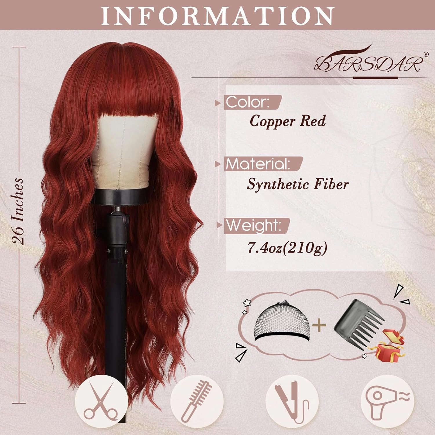 BARSDAR Long Wavy Copper Red Wig With Bangs - 26 Inch Long Wavy Red Wig With Bangs for Women - Natural Looking Synthetic Red Hair Wigs Daily Party Halloween - Copper Red