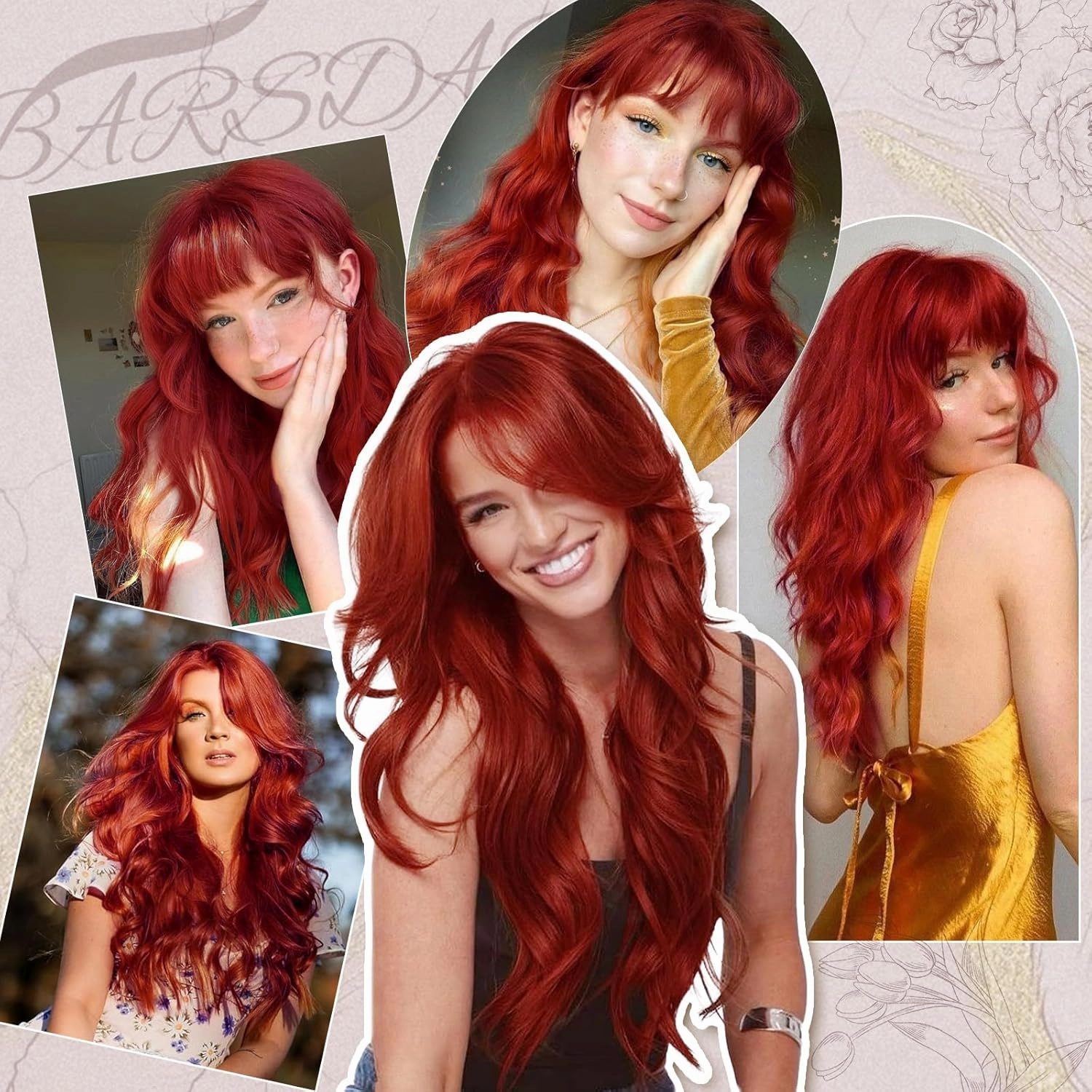 BARSDAR Long Wavy Copper Red Wig With Bangs - 26 Inch Long Wavy Red Wig With Bangs for Women - Natural Looking Synthetic Red Hair Wigs Daily Party Halloween - Copper Red
