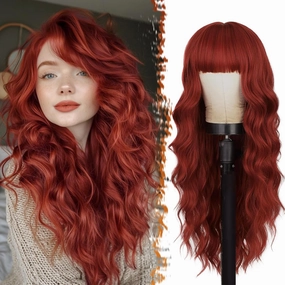 BARSDAR Long Wavy Copper Red Wig With Bangs - 26 Inch Long Wavy Red Wig With Bangs for Women - Natural Looking Synthetic Red Hair Wigs Daily Party Halloween - Copper Red