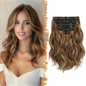 BARSDAR Short Wavy Clip in Hair Extensions - 12 Inch Highlight Hair Extensions Clip in for Women - 6PCs Thick Soft Synthetic Clip-ins Hairpieces Daily - Brown with Honey Blonde