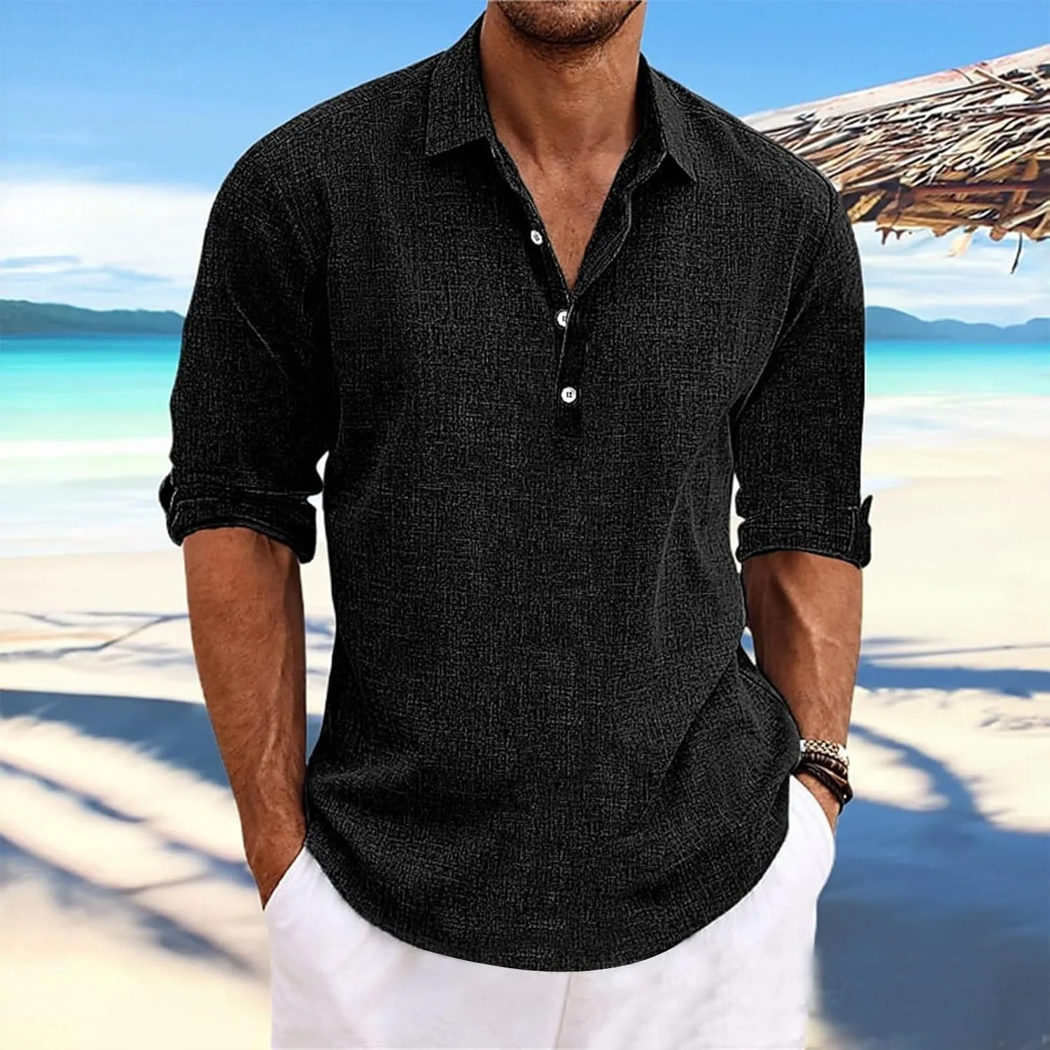 Beach Shirts for Men Cotton Blend Shirt Solid Long Sleeve Button Down Shirt Casual Blouse Summer Hawaiian Shirts
