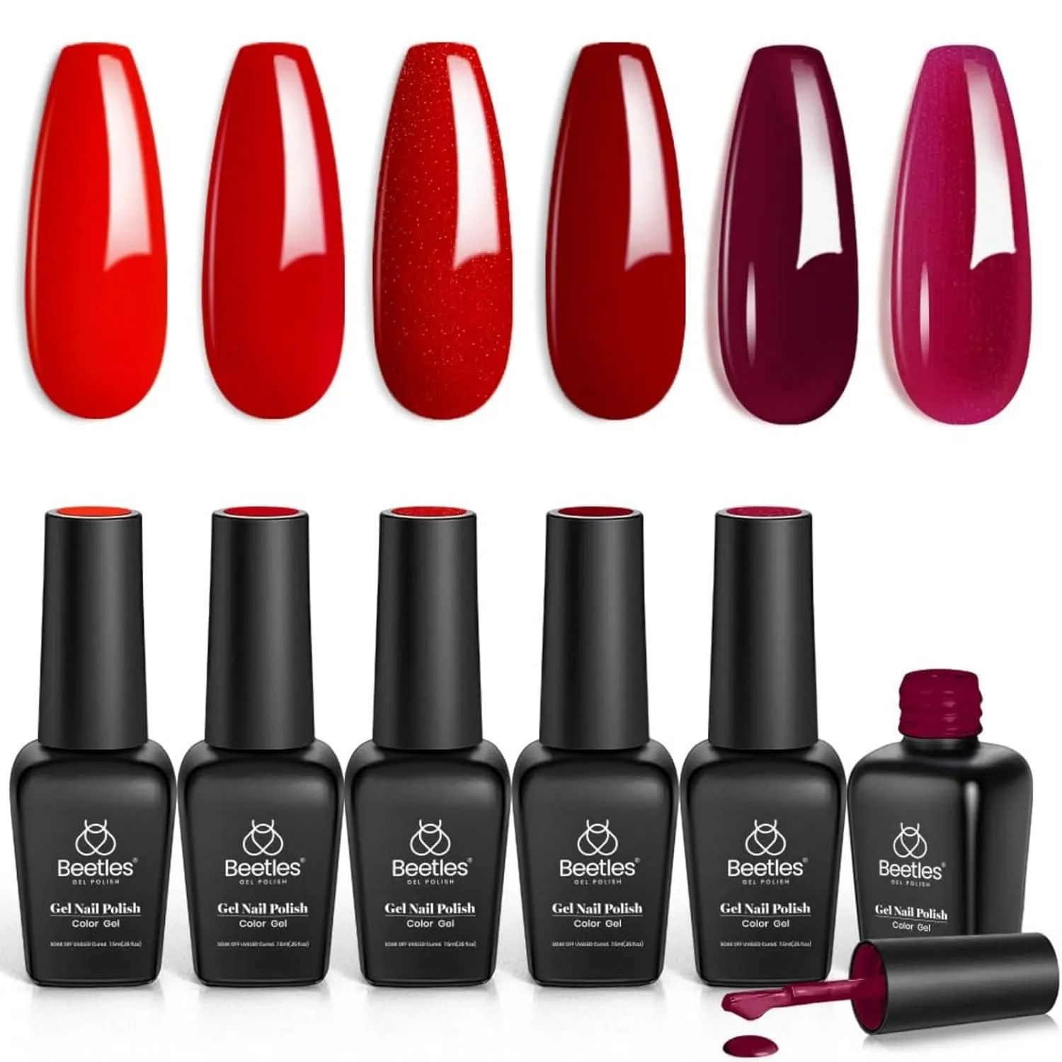 Beetles Red Gel Nail Polish Set - 6 Colors Red Obsession Collection Popular Shimmer Burgundy Gel Polish Kit Nail Art Design Soak Off Uv LED Gel Nail Kit Minicure DIY Home Gifts for Mom