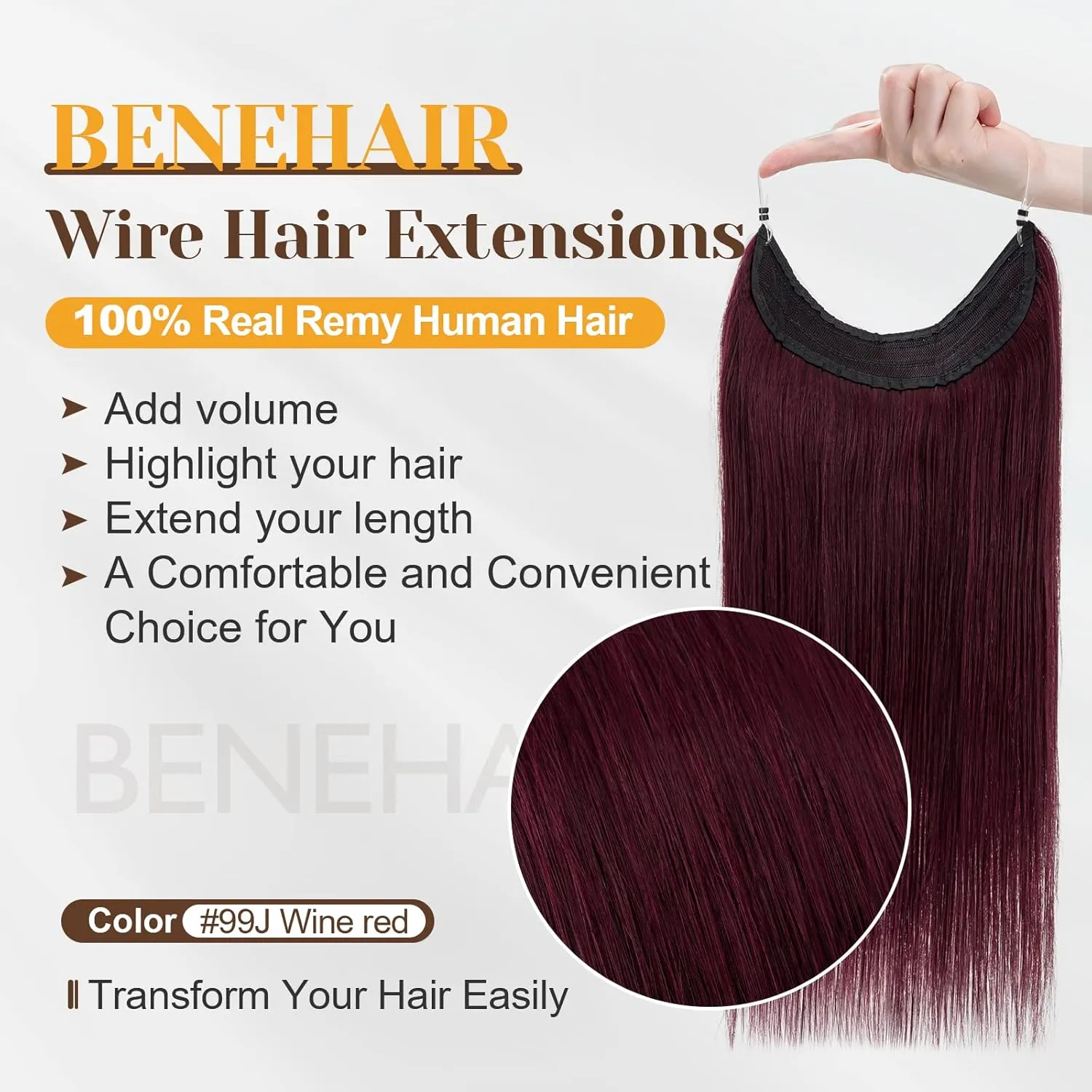 Benehair Human Hair Extensions Thick Ends #99J Invisible Wire Real Human Hair with 2 Fish Lines Thicker Hairpieces 16 Inch 90g Wine Red Hair Extensions Straight Thicker Hairpieces for Women