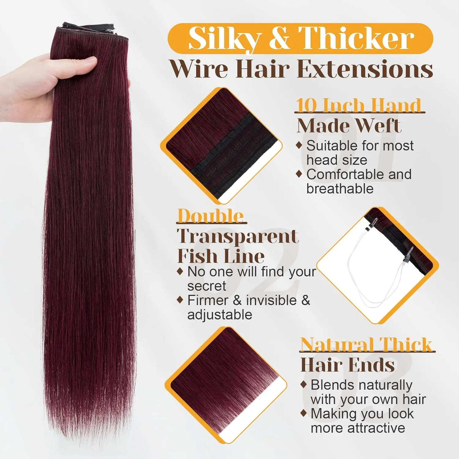 Benehair Human Hair Extensions Thick Ends #99J Invisible Wire Real Human Hair with 2 Fish Lines Thicker Hairpieces 16 Inch 90g Wine Red Hair Extensions Straight Thicker Hairpieces for Women