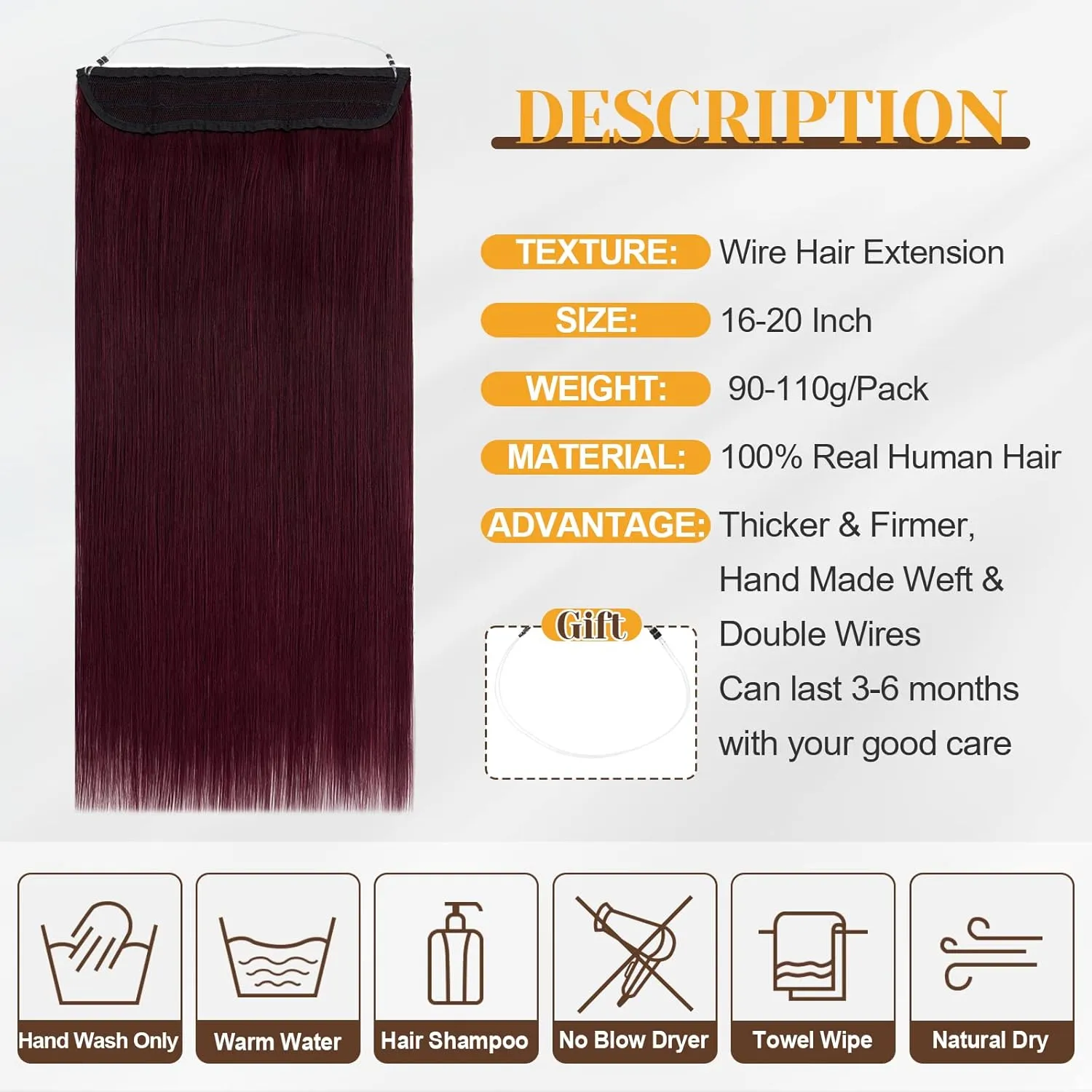 Benehair Human Hair Extensions Thick Ends #99J Invisible Wire Real Human Hair with 2 Fish Lines Thicker Hairpieces 16 Inch 90g Wine Red Hair Extensions Straight Thicker Hairpieces for Women