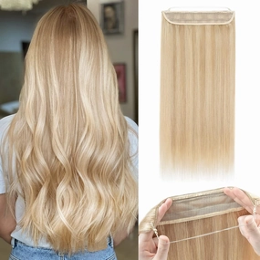 Benehair Halos Human Hair Extensions Real Human Hair 18inch 100g, Balayage Ash Blonde&Bleach Blonde Crown Hair Extensions Straight, Thicker Highlighted Color Hairpieces for Women with 2 wires #18P613