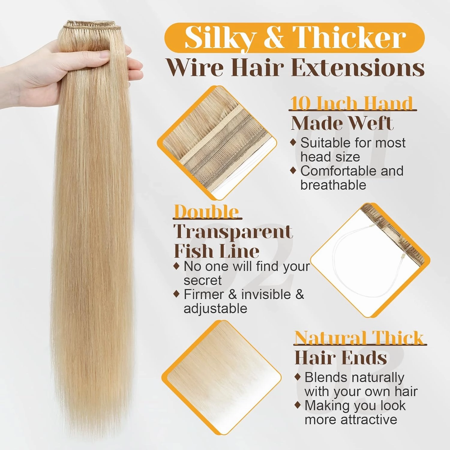 Benehair Halos Human Hair Extensions Real Human Hair 18inch 100g, Balayage Ash Blonde&Bleach Blonde Crown Hair Extensions Straight, Thicker Highlighted Color Hairpieces for Women with 2 wires #18P613