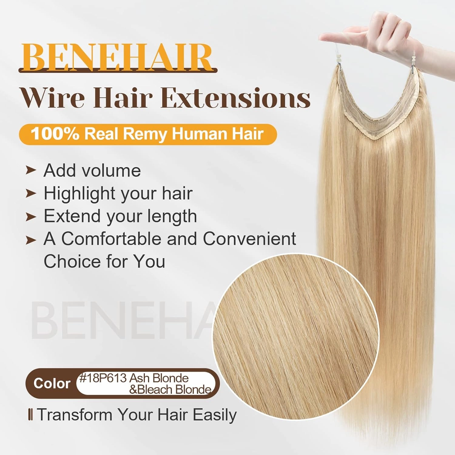 Benehair Halos Human Hair Extensions Real Human Hair 18inch 100g, Balayage Ash Blonde&Bleach Blonde Crown Hair Extensions Straight, Thicker Highlighted Color Hairpieces for Women with 2 wires #18P613