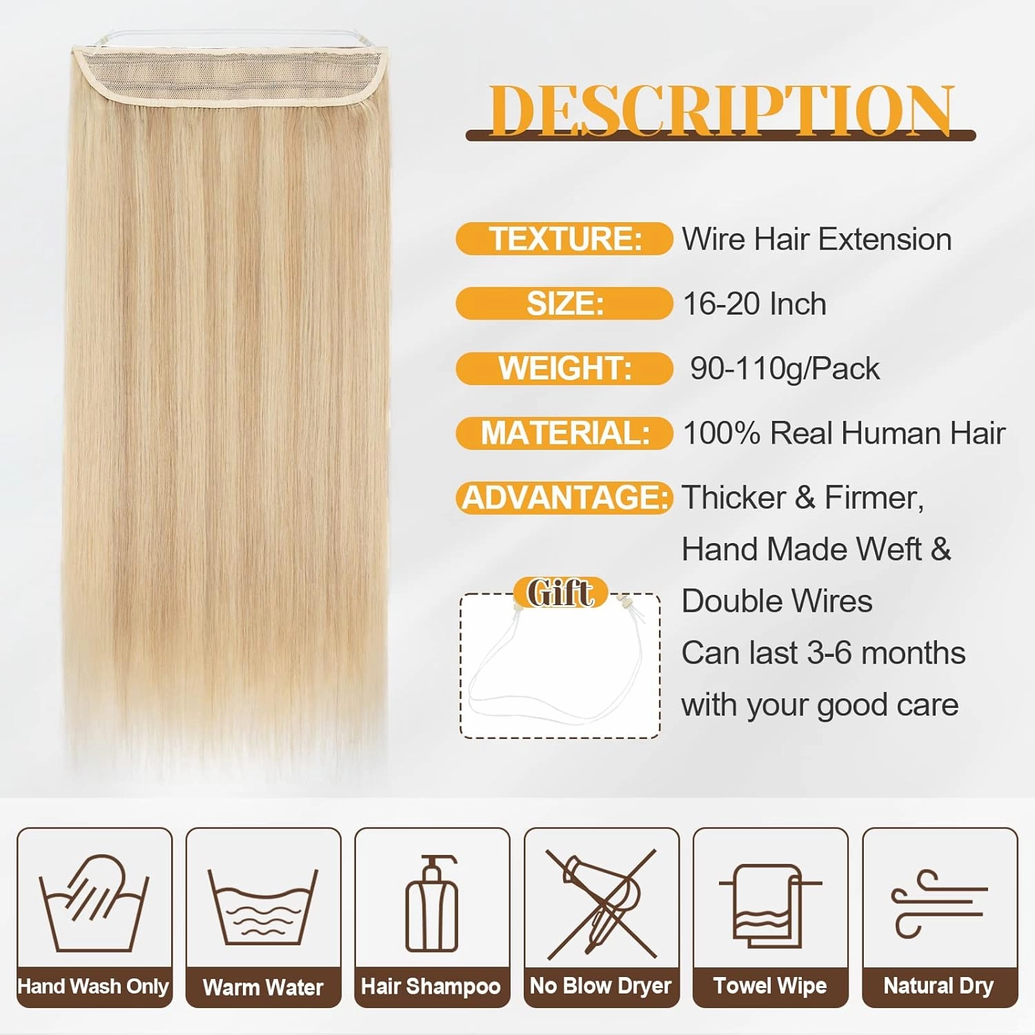 Benehair Halos Human Hair Extensions Real Human Hair 18inch 100g, Balayage Ash Blonde&Bleach Blonde Crown Hair Extensions Straight, Thicker Highlighted Color Hairpieces for Women with 2 wires #18P613