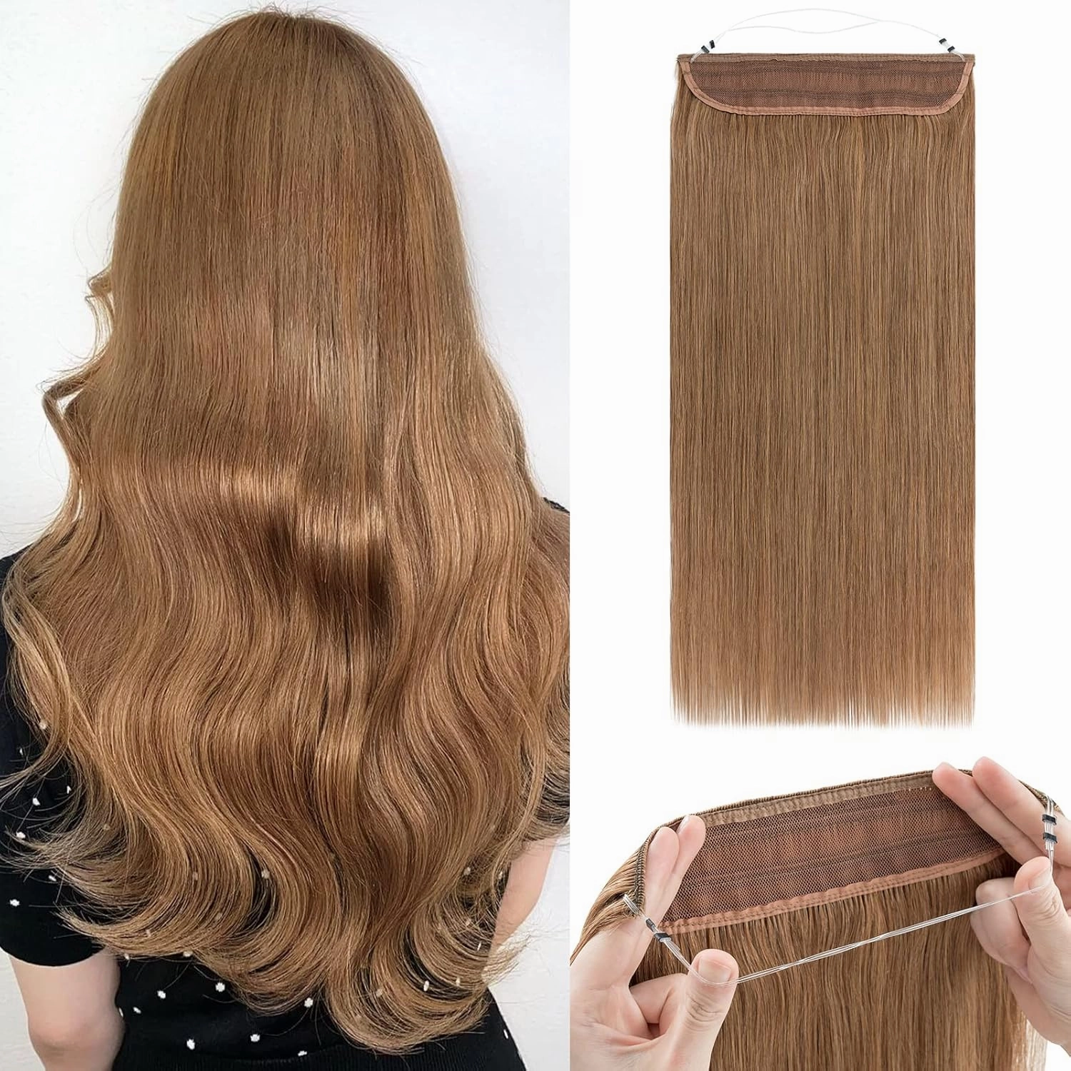 Benehair Human Hair Extensions Thick Ends Invisible Wire Real Human Hair with 2 Fish Lines Thicker Hairpieces 16 Inch 90g Light Auburn Hair Extensions Straight Thicker Hairpieces for Women #30