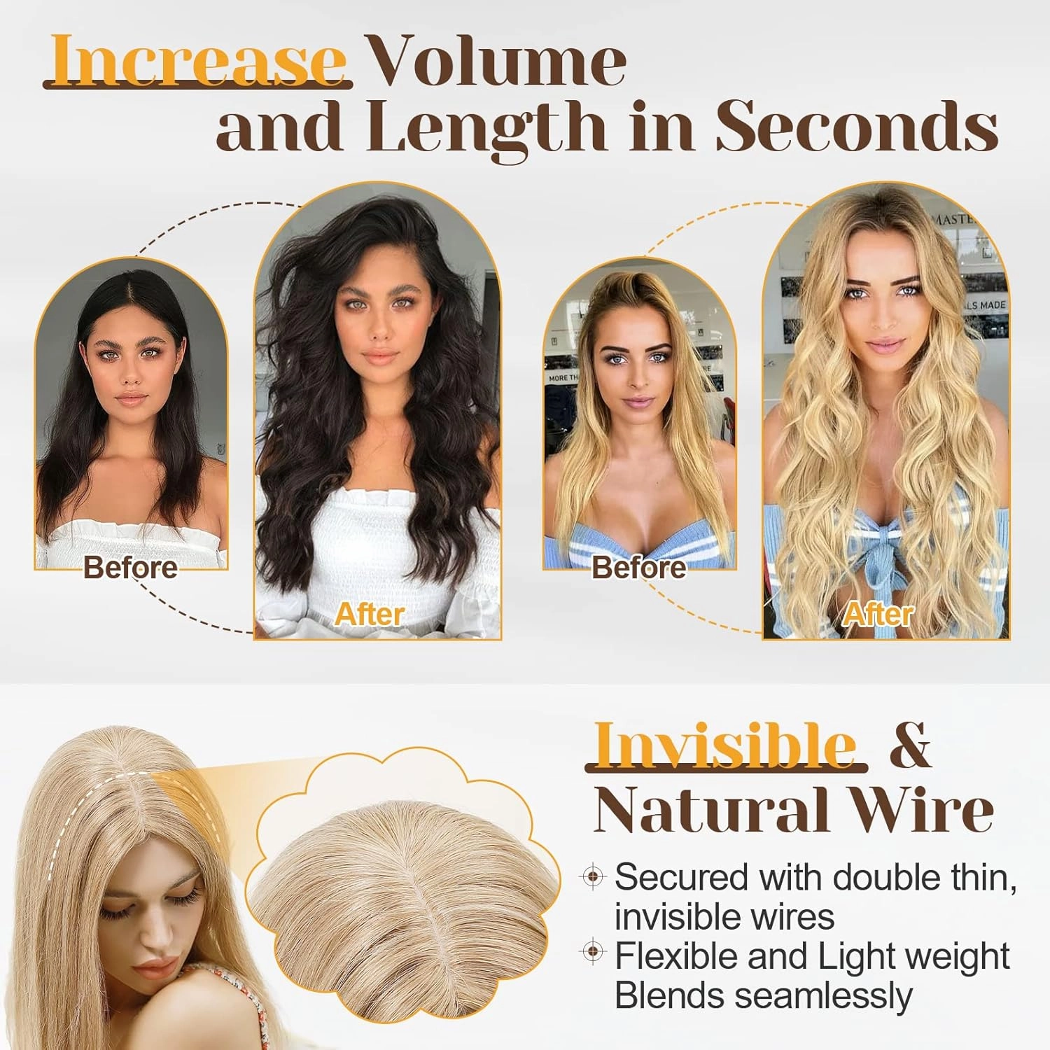 Benehair Human Hair Extensions Thick Ends Invisible Wire Real Human Hair with 2 Fish Lines Thicker Hairpieces 16 Inch 90g Light Auburn Hair Extensions Straight Thicker Hairpieces for Women #30