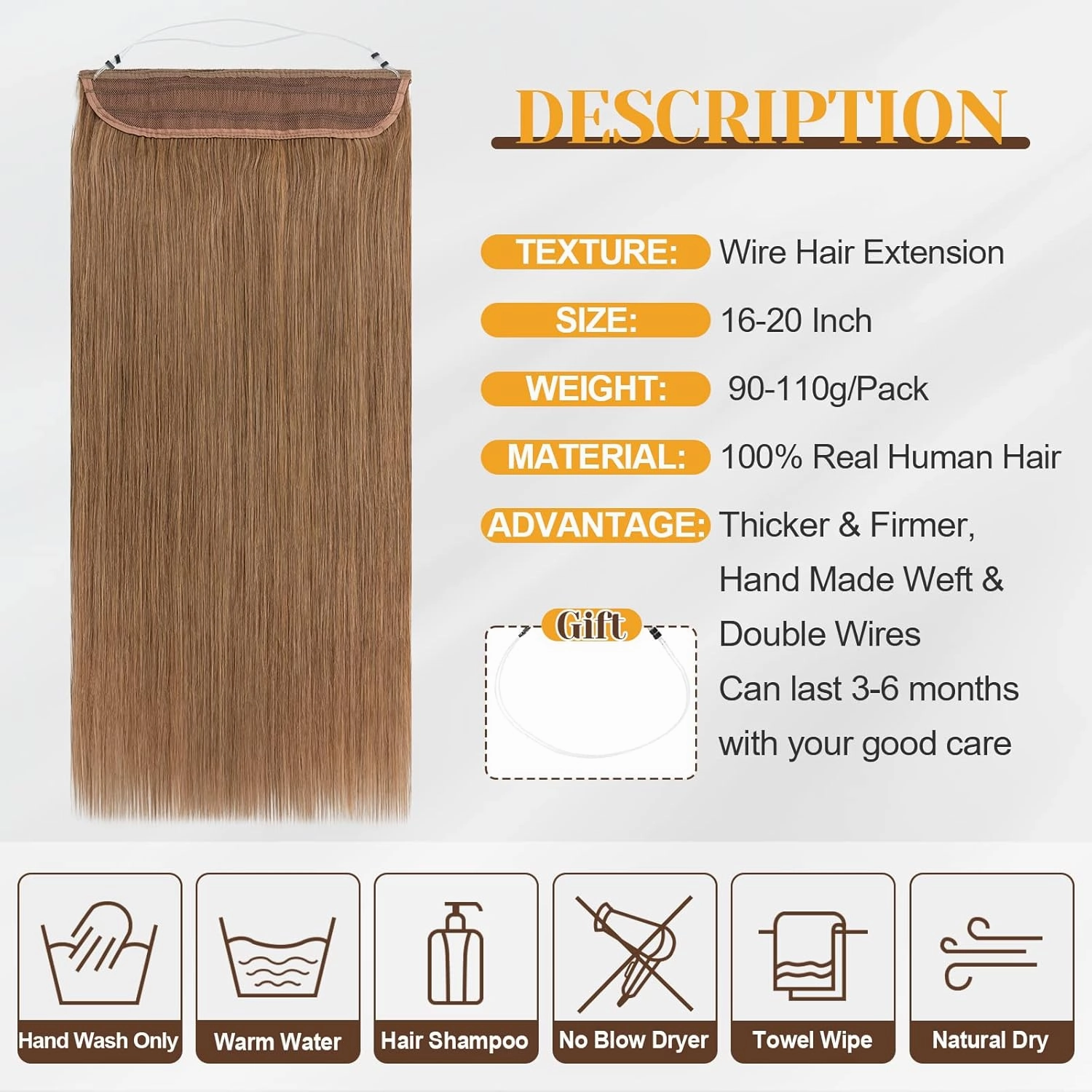 Benehair Human Hair Extensions Thick Ends Invisible Wire Real Human Hair with 2 Fish Lines Thicker Hairpieces 16 Inch 90g Light Auburn Hair Extensions Straight Thicker Hairpieces for Women #30