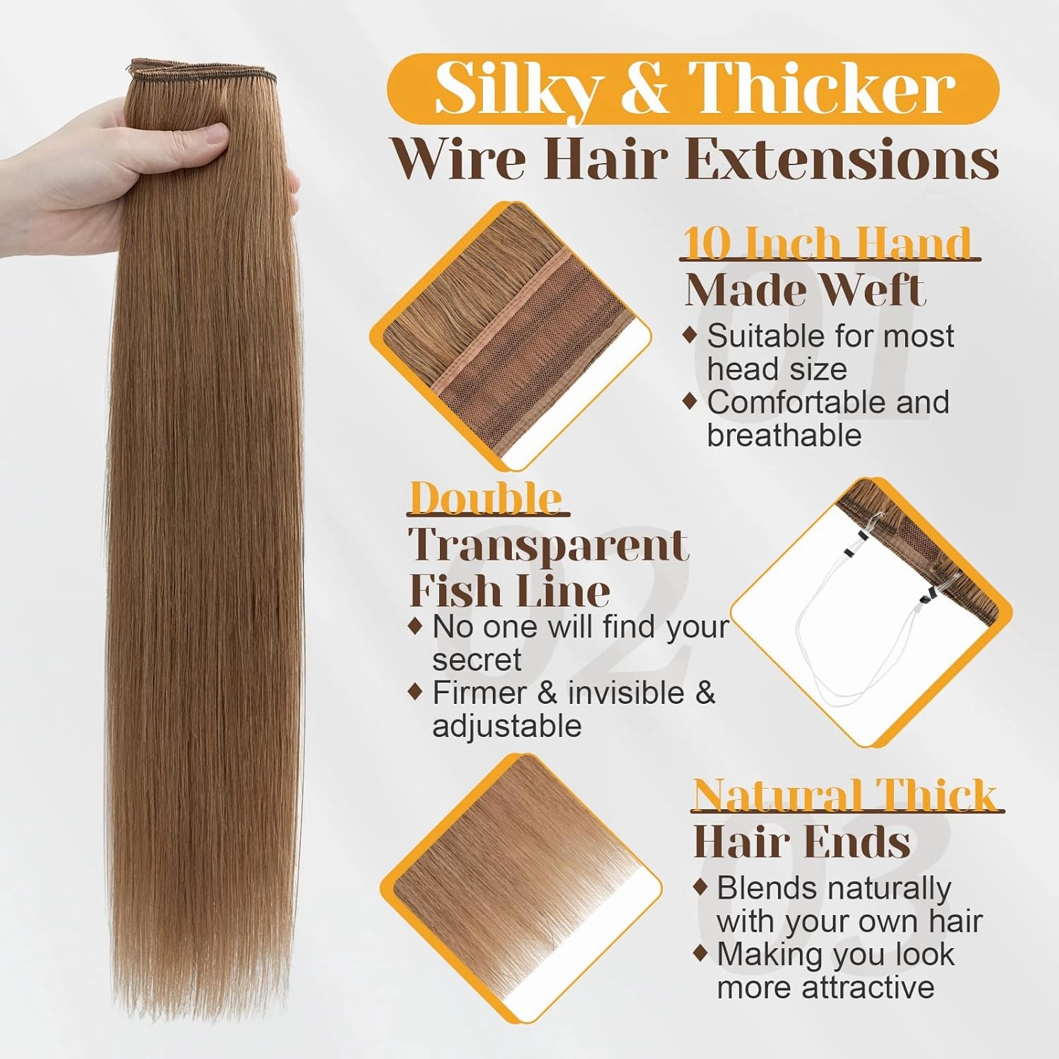 Benehair Human Hair Extensions Thick Ends Invisible Wire Real Human Hair with 2 Fish Lines Thicker Hairpieces 16 Inch 90g Light Auburn Hair Extensions Straight Thicker Hairpieces for Women #30