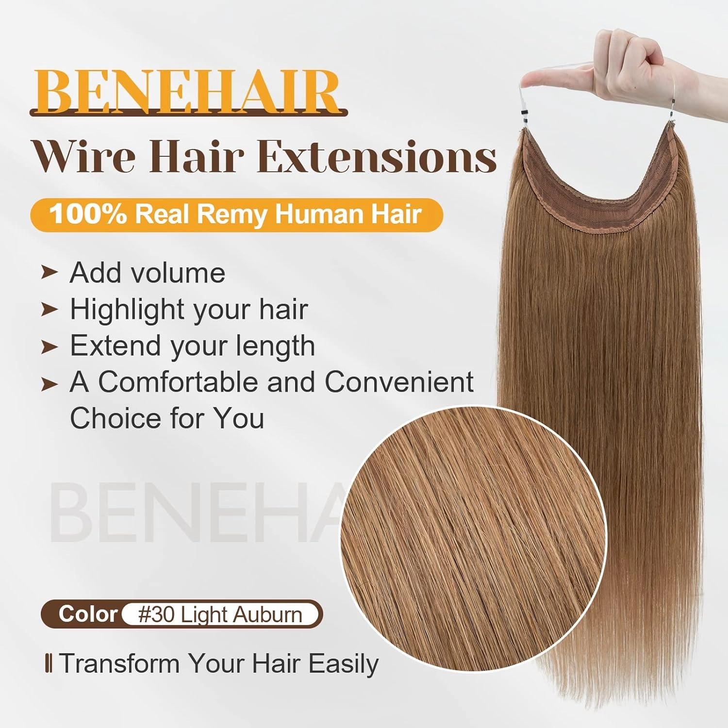 Benehair Human Hair Extensions Thick Ends Invisible Wire Real Human Hair with 2 Fish Lines Thicker Hairpieces 16 Inch 90g Light Auburn Hair Extensions Straight Thicker Hairpieces for Women #30