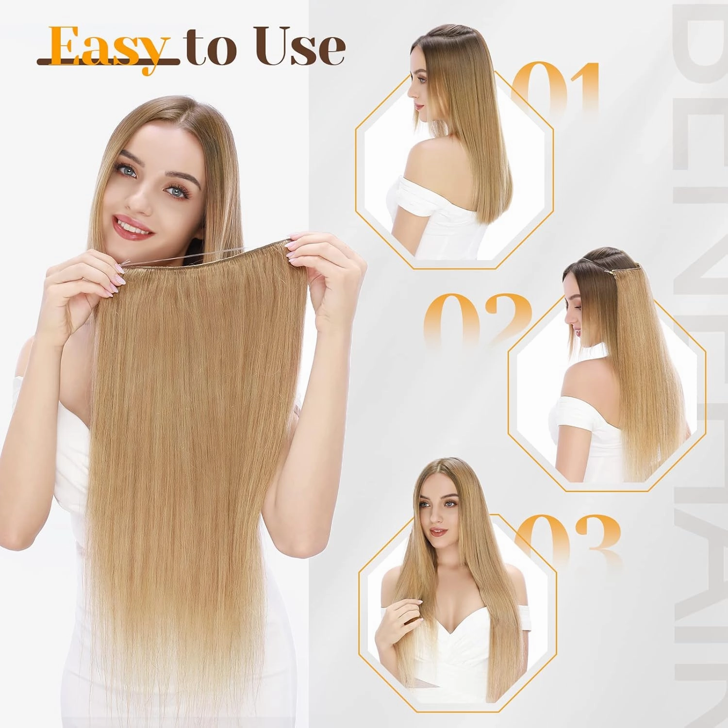 Benehair Human Hair Extensions Thick Ends Invisible Wire Real Human Hair with 2 Fish Lines Thicker Hairpieces 16 Inch 90g Light Auburn Hair Extensions Straight Thicker Hairpieces for Women #30