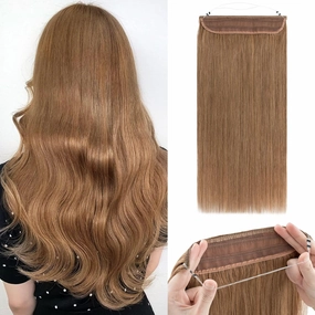 Benehair Human Hair Extensions Thick Ends Invisible Wire Real Human Hair with 2 Fish Lines Thicker Hairpieces 16 Inch 90g Light Auburn Hair Extensions Straight Thicker Hairpieces for Women #30