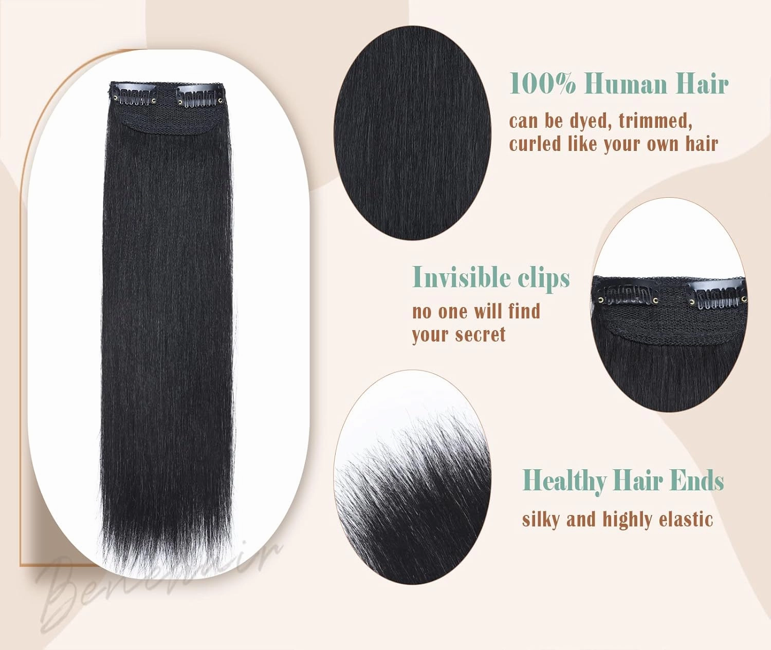 Benehair Short Clip in Hair Extensions - Real Human Hair 1PCS Hairpieces for Women With Thinning Hair - 6 Inch Straight Soft #01 Jet Black for Daily Use