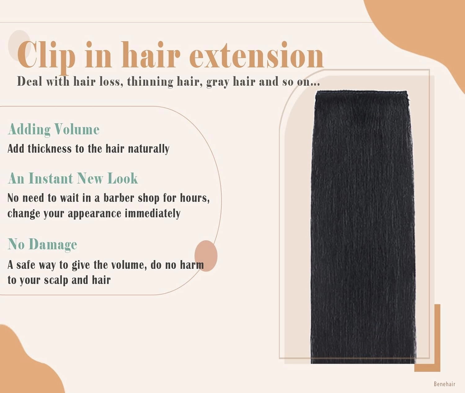Benehair Short Clip in Hair Extensions - Real Human Hair 1PCS Hairpieces for Women With Thinning Hair - 6 Inch Straight Soft #01 Jet Black for Daily Use