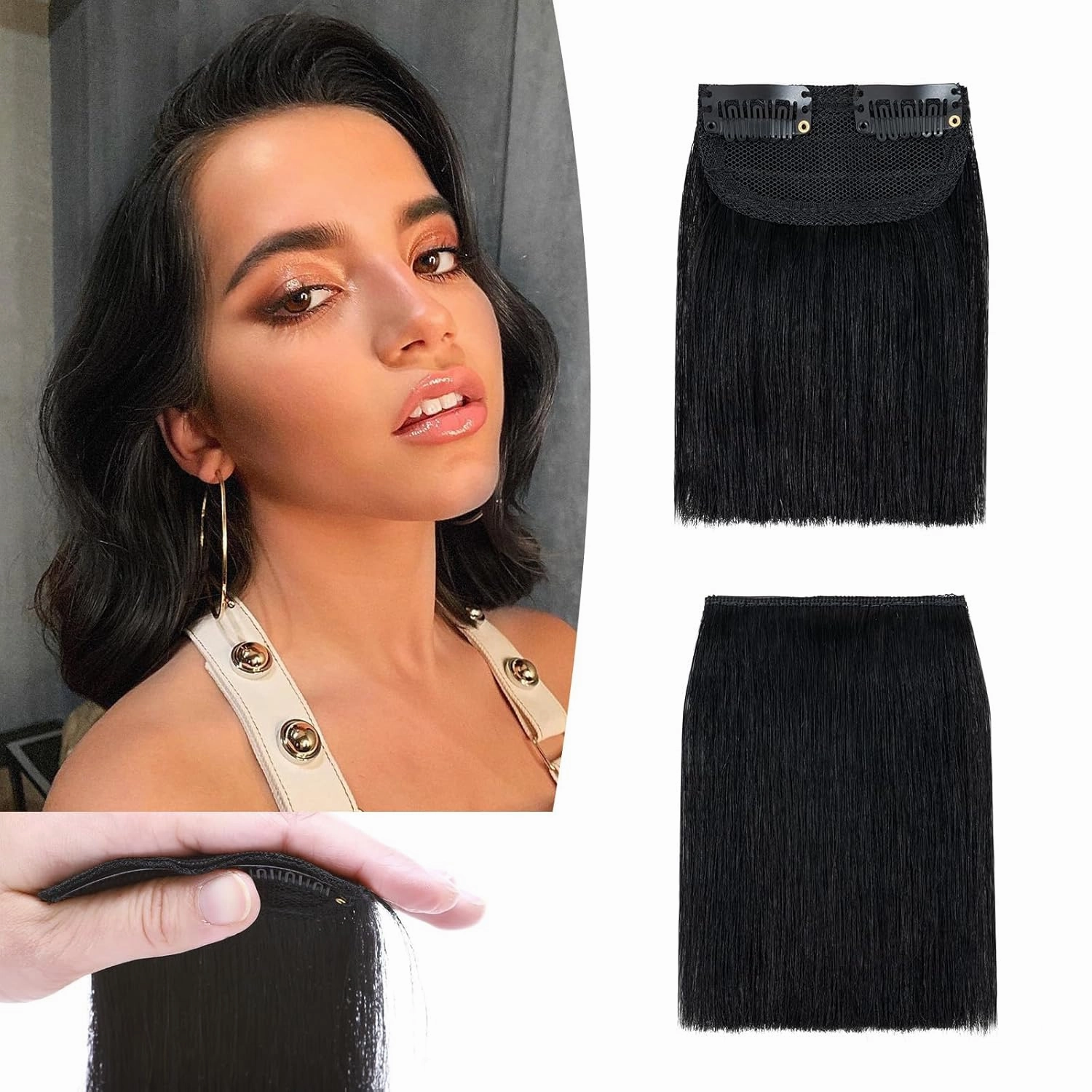 Benehair Short Clip in Hair Extensions Real Human Hair 1PCS Clip in Hairpieces for Women with Thinning Hair Adding Extra Hair Volume for Daily Use 4inch Straight Soft Hair #01 Jet Black