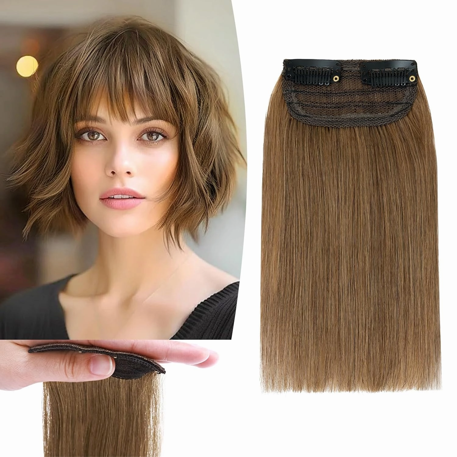 Benehair Short Clip in Hair Extensions Real Human Hair 1PCS Clip in Hairpieces for Women with Thinning Hair Adding Extra Hair Volume for Daily Use 6inch Straight Soft Hair #6 Light Brown