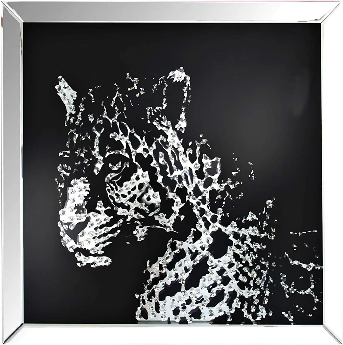 Benjara Benzara Leopard Framed Art with Crystal Inlays, Black and Silver
