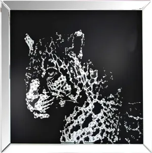 Benjara Benzara Leopard Framed Art with Crystal Inlays, Black and Silver