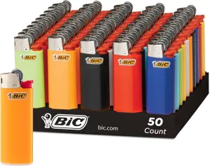 BIC Mini Pocket Lighters, Assorted Bright Colors, 50-Count Tray, Safe and Reliable Child-Resistant Lighters