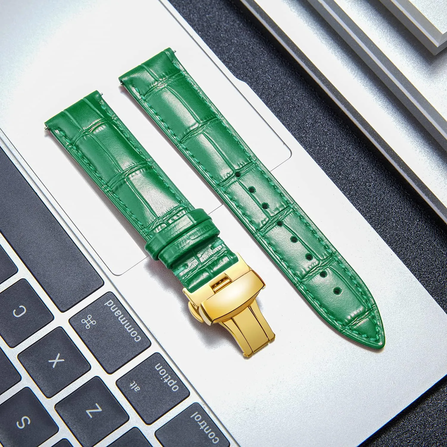 BINLUN Leather Watch Strap Quick Release Strap with Gold Butterfly Deployment Buckle 12mm 13mm 14mm 15mm 16mm 17mm 18mm 19mm 20mm 21mm 22mm 23mm 24mm Watch Band for Men Women(White,15mm)