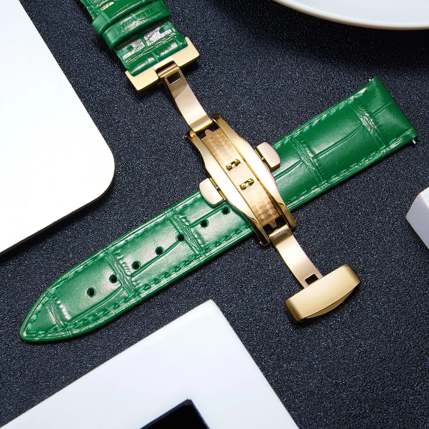 BINLUN Leather Watch Strap Quick Release Strap with Gold Butterfly Deployment Buckle 12mm 13mm 14mm 15mm 16mm 17mm 18mm 19mm 20mm 21mm 22mm 23mm 24mm Watch Band for Men Women(White,15mm)