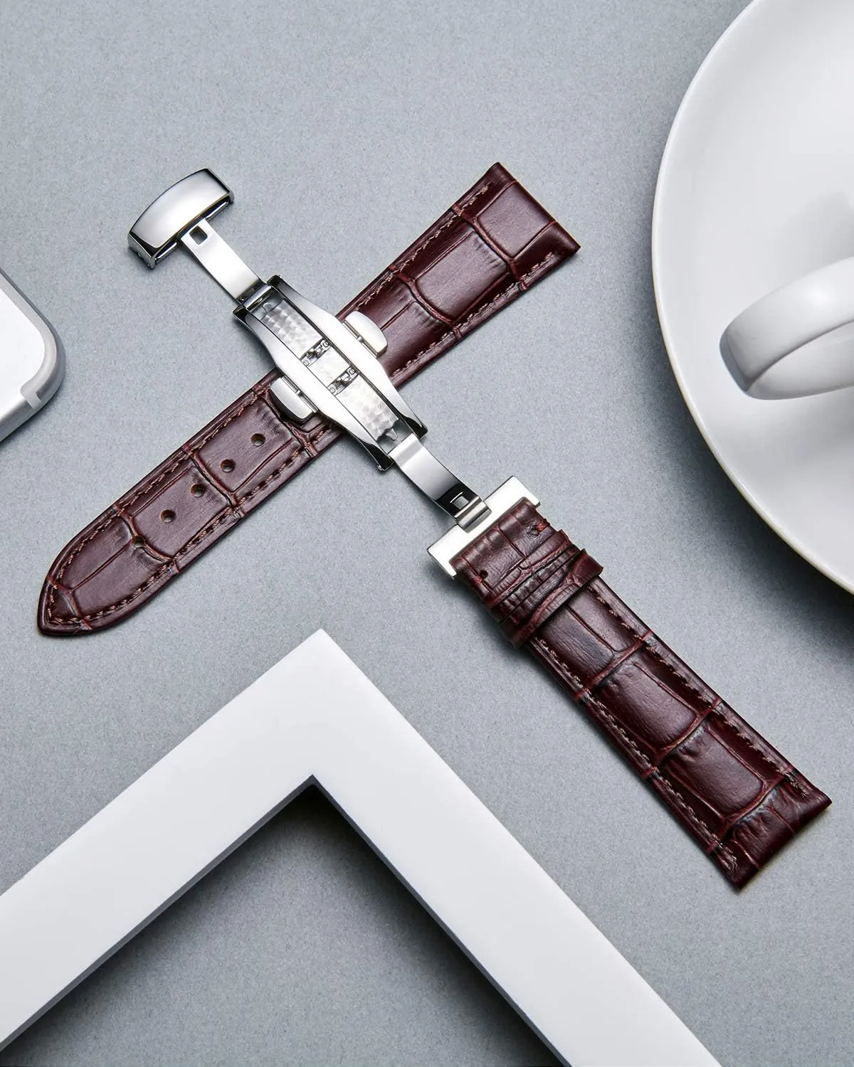 BINLUN Leather Watch Strap Quick Release Strap with Silver Butterfly Deployment Buckle 12mm 13mm 14mm 15mm 16mm 17mm 18mm 19mm 20mm 21mm 22mm 23mm 24mm Watch Band for Men Women