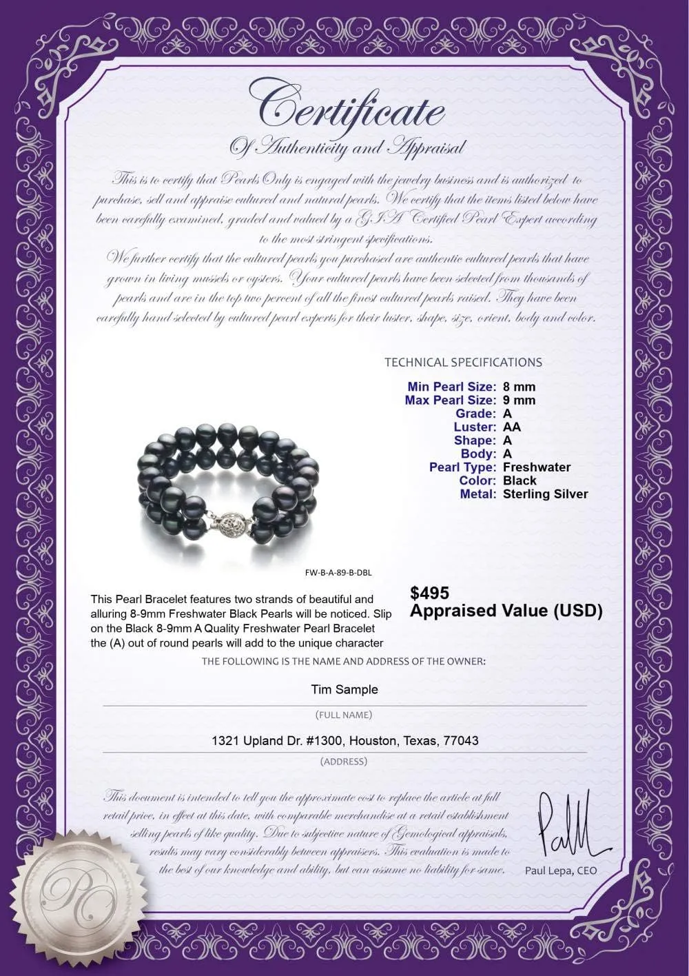 Black 8-9mm Double Strand A Quality Freshwater Sterling Silver Cultured Pearl Bracelet For Women
