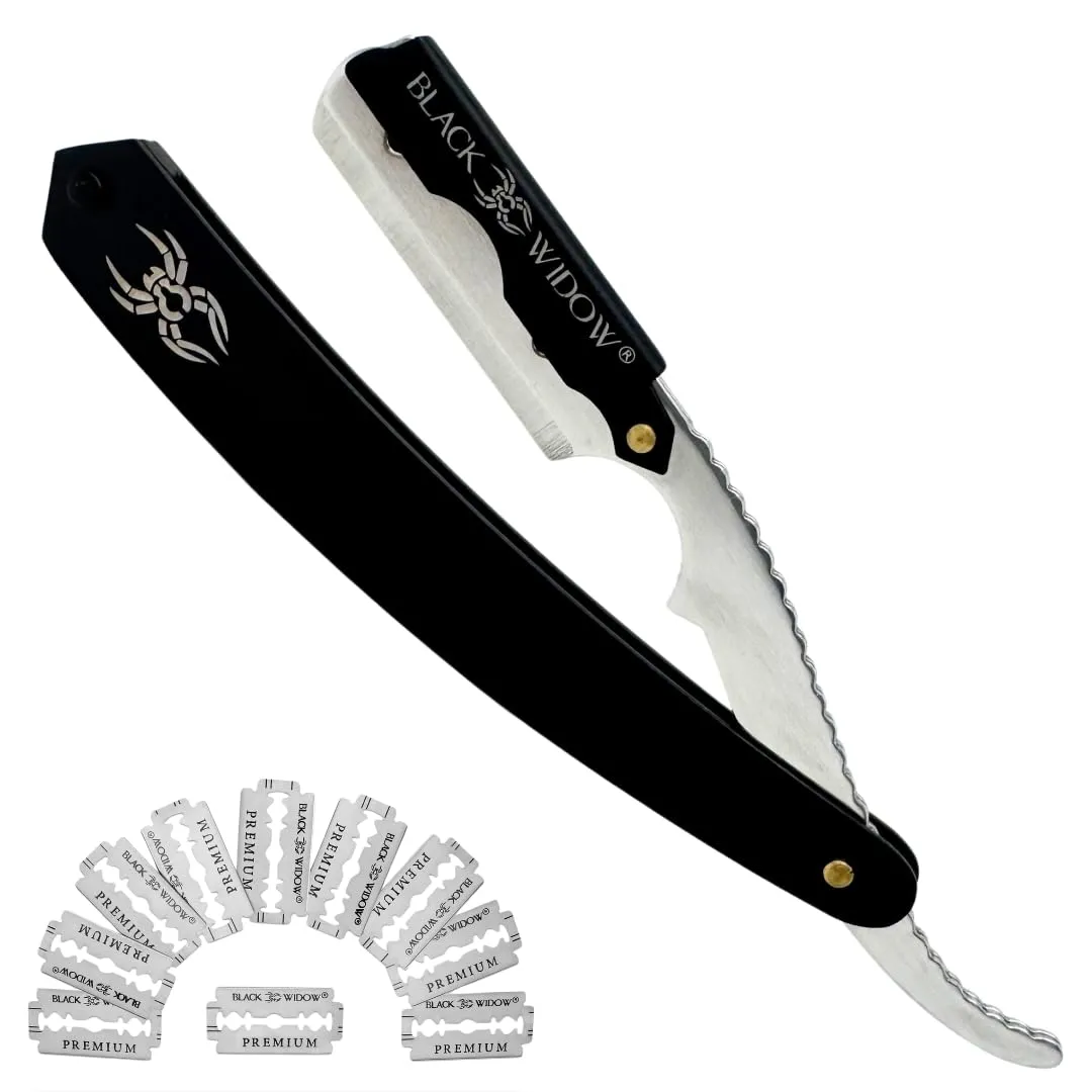Black Widow Razors, Professional Straight Razor for Men, Barber Straight Edge Razor Safety with 10 Pack Blades (1.5mm Exposed) Black and Chrome