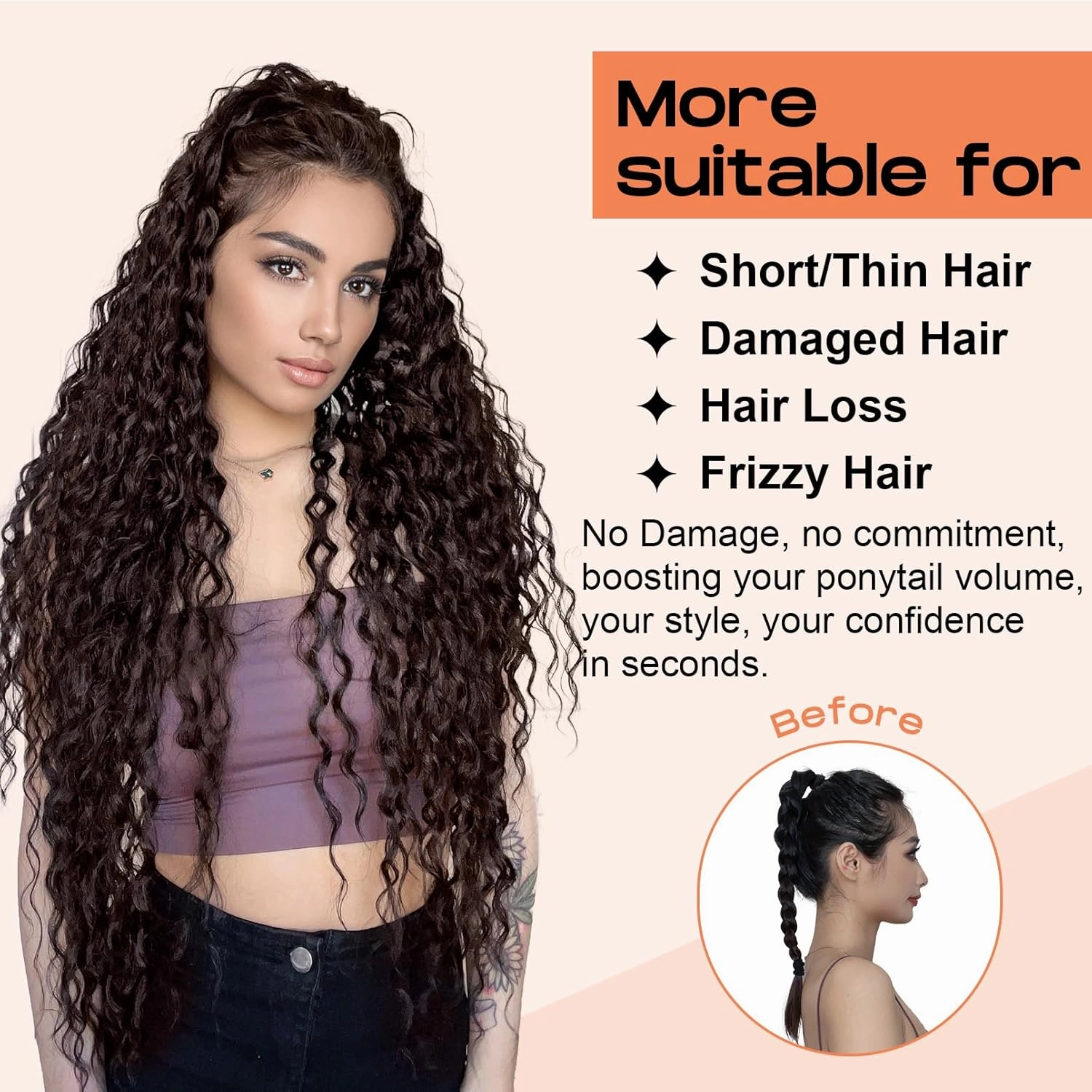 Black Ponytail Extension, SEIKEA 36" Long Lightweight Full Natural Curly Drawstring Ponytail Fake Pony Tail Multi Layered Soft Clip in Hair Extensions Ponytail Synthetic Hairpiece for Women