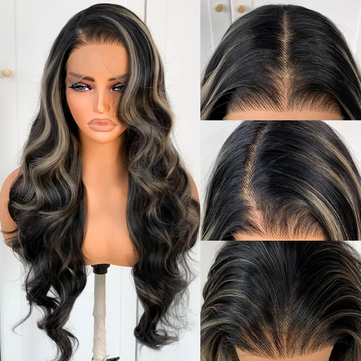 BlackSwern 1B/27 Highlight 13x6 Synthetic Lace Front Wig,HD 13x6 Lace Frontal Wig Balayage Ombre Pre-Plucked,26inch Body Wave Wigs 200 Density for Black Women,Pre-Plucked PLUS 1.5’’ Hairline