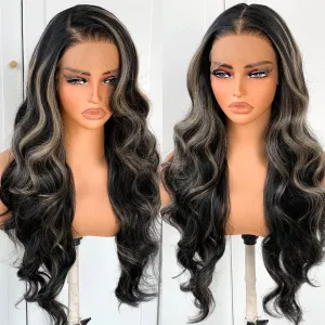 BlackSwern 1B/27 Highlight 13x6 Synthetic Lace Front Wig,HD 13x6 Lace Frontal Wig Balayage Ombre Pre-Plucked,26inch Body Wave Wigs 200 Density for Black Women,Pre-Plucked PLUS 1.5’’ Hairline