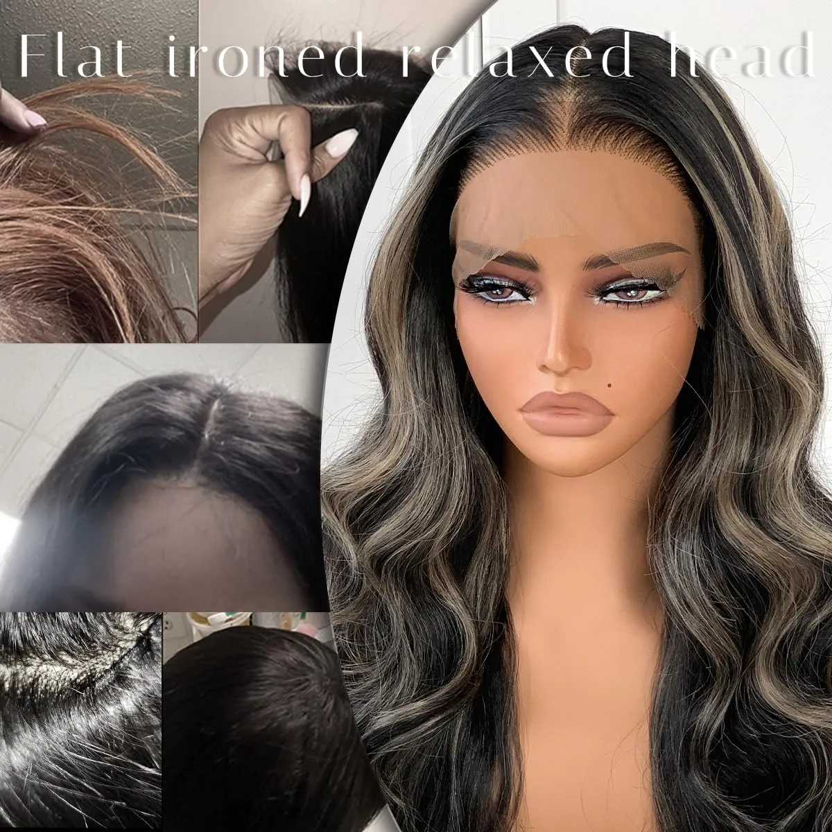 BlackSwern 1B/27 Highlight 13x6 Synthetic Lace Front Wig,HD 13x6 Lace Frontal Wig Balayage Ombre Pre-Plucked,26inch Body Wave Wigs 200 Density for Black Women,Pre-Plucked PLUS 1.5’’ Hairline