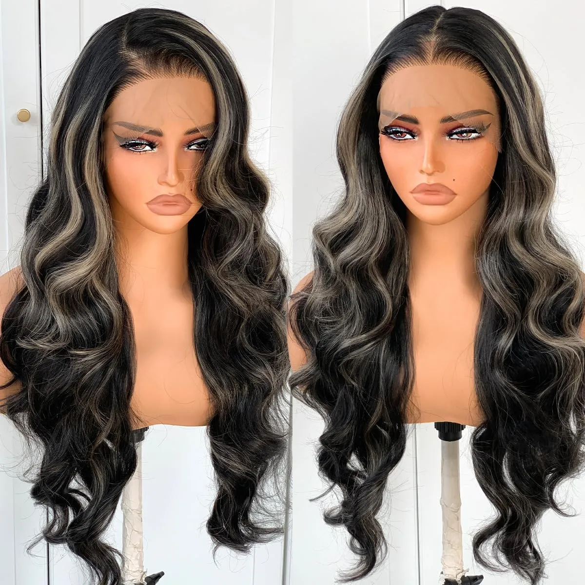 BlackSwern 1B/27 Highlight 13x6 Synthetic Lace Front Wig,HD 13x6 Lace Frontal Wig Balayage Ombre Pre-Plucked,26inch Body Wave Wigs 200 Density for Black Women,Pre-Plucked PLUS 1.5’’ Hairline