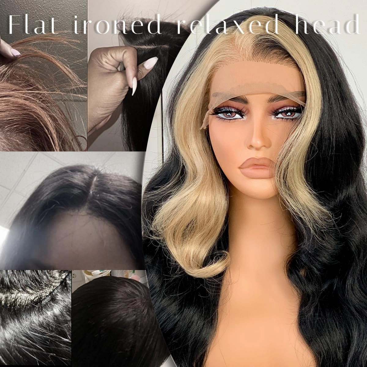 BlackSwern Skunk Stripe Wig, 13x6 Black and Blonde Synthetic Lace Front Wig, HD 13x6 Lace Frontal Wig Pre-Plucked, 26inch Body Wave Wigs 200 Density, Pre-Plucked PLUS 1.5’’ Hairline
