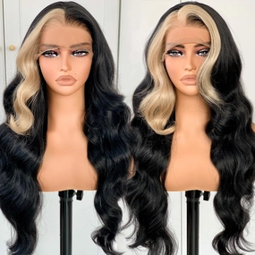 BlackSwern Skunk Stripe Wig, 13x6 Black and Blonde Synthetic Lace Front Wig, HD 13x6 Lace Frontal Wig Pre-Plucked, 26inch Body Wave Wigs 200 Density, Pre-Plucked PLUS 1.5’’ Hairline