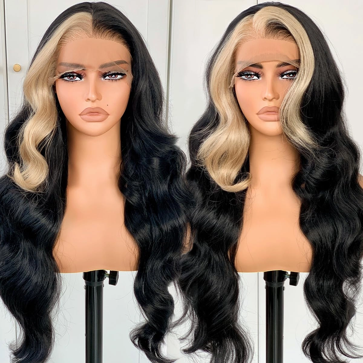 BlackSwern Skunk Stripe Wig, 13x6 Black and Blonde Synthetic Lace Front Wig, HD 13x6 Lace Frontal Wig Pre-Plucked, 26inch Body Wave Wigs 200 Density, Pre-Plucked PLUS 1.5’’ Hairline