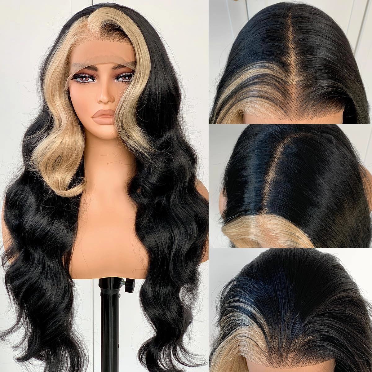 BlackSwern Skunk Stripe Wig, 13x6 Black and Blonde Synthetic Lace Front Wig, HD 13x6 Lace Frontal Wig Pre-Plucked, 26inch Body Wave Wigs 200 Density, Pre-Plucked PLUS 1.5’’ Hairline