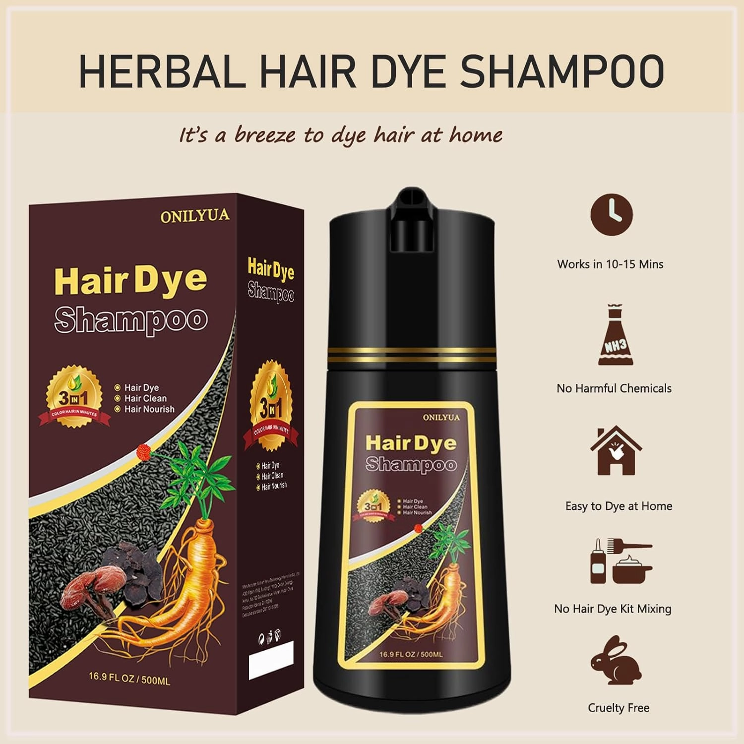 Blonde Brown Hair Color Shampoo 3 in 1 - Instant Natural Hair Dye for Men and Women, Long Lasting Brown Color - Works in Minutes