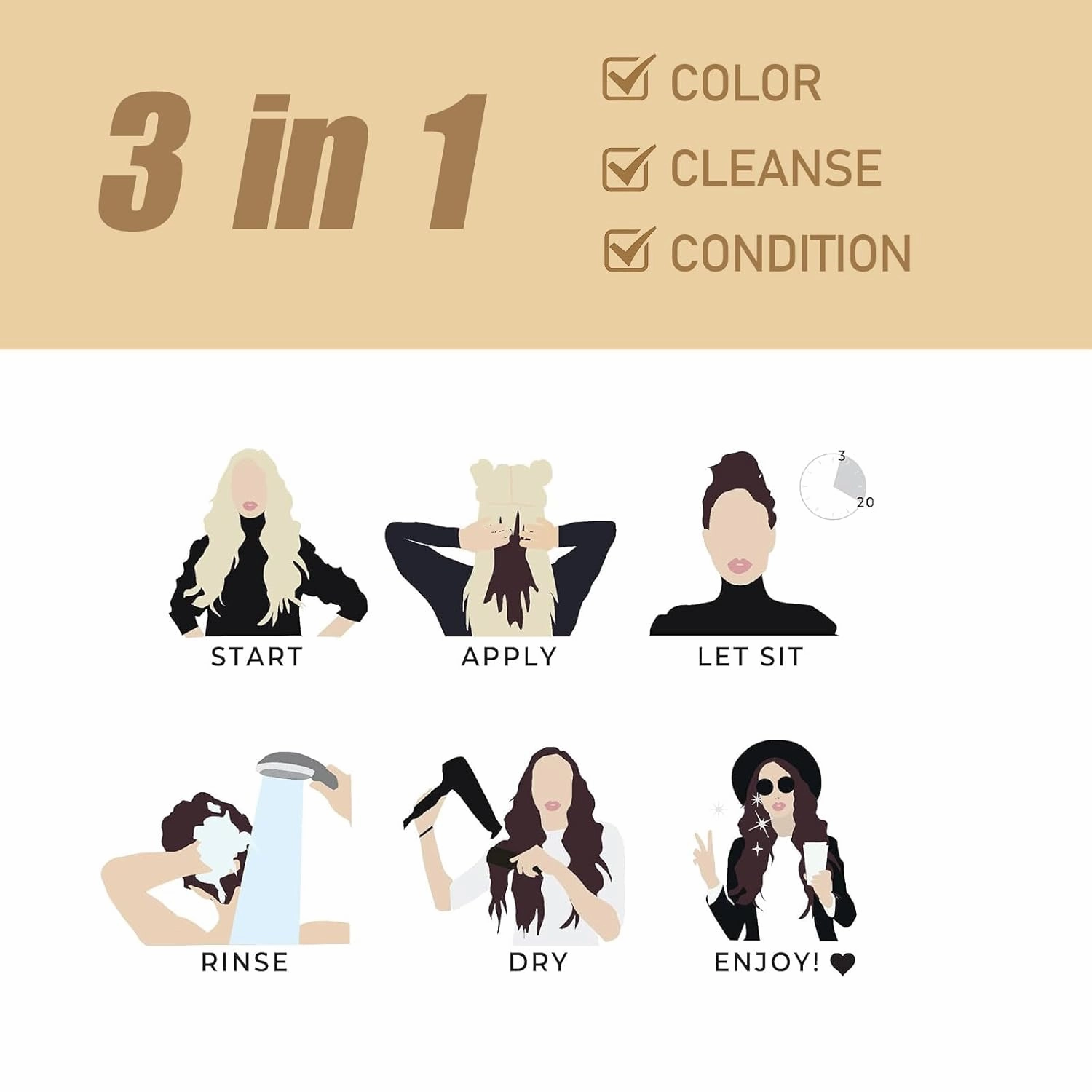 Blonde Brown Hair Color Shampoo 3 in 1 - Instant Natural Hair Dye for Men and Women, Long Lasting Brown Color - Works in Minutes