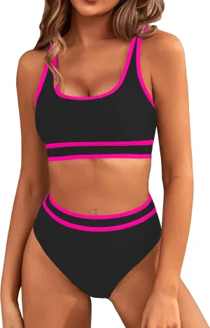 BMJL Women's High Waisted Bikini Sets Sporty Two Piece Swimsuits Color Block Cheeky High Cut Bathing Suits