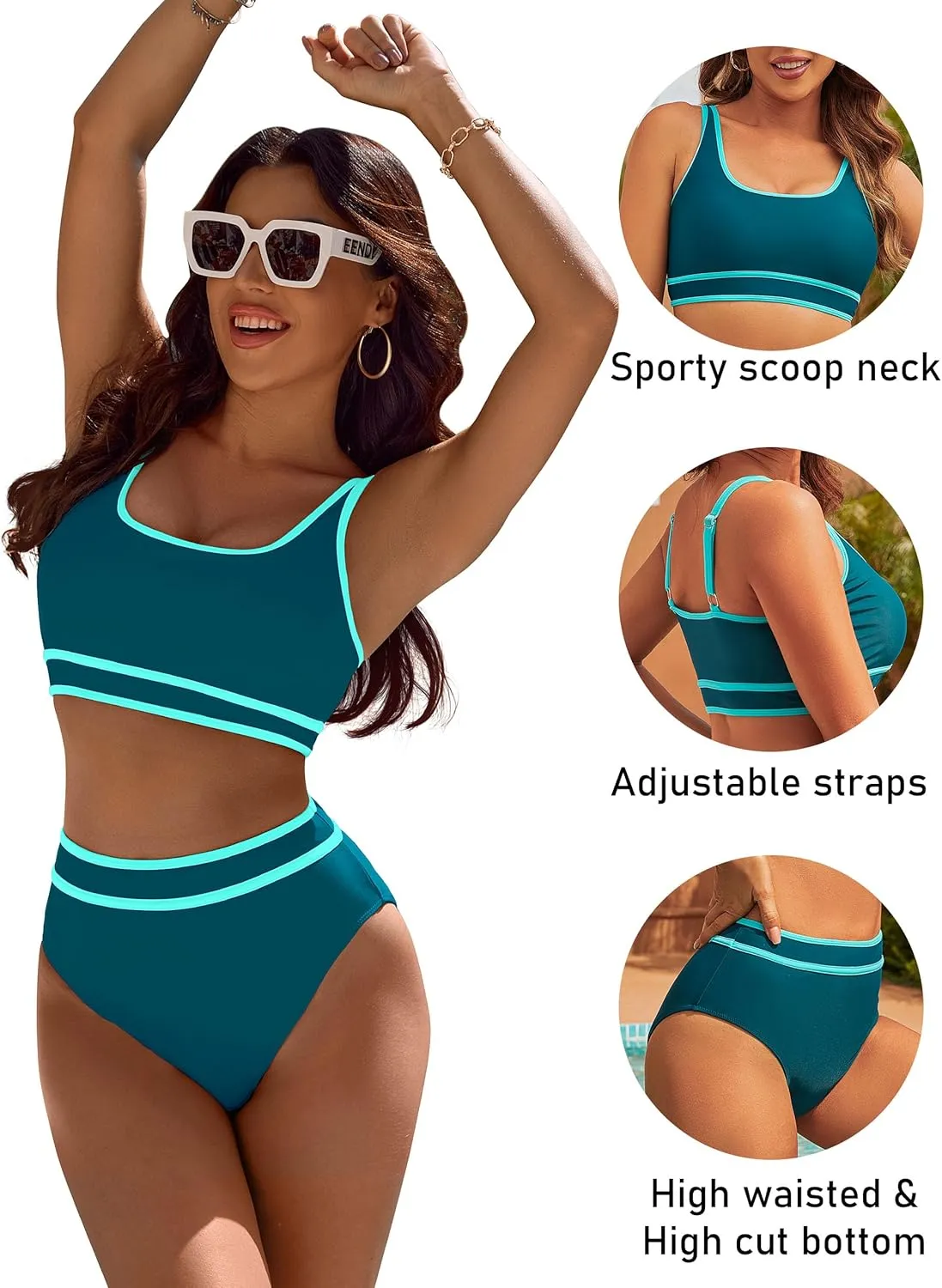 BMJL Women's High Waisted Bikini Sets Sporty Two Piece Swimsuits Color Block Cheeky High Cut Bathing Suits