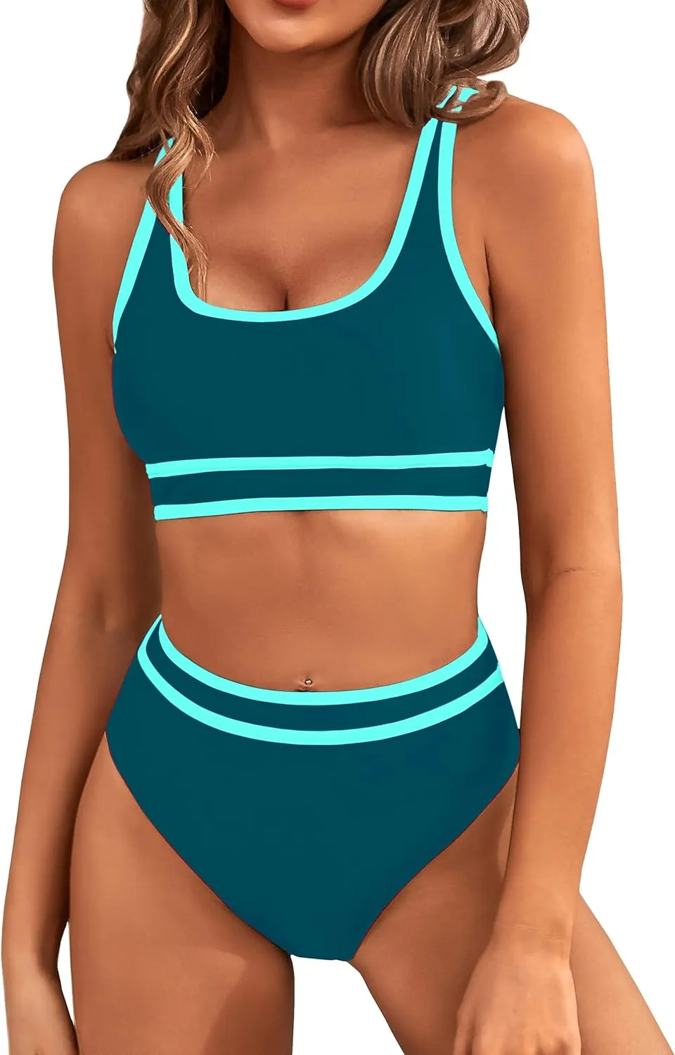 BMJL Women's High Waisted Bikini Sets Sporty Two Piece Swimsuits Color Block Cheeky High Cut Bathing Suits